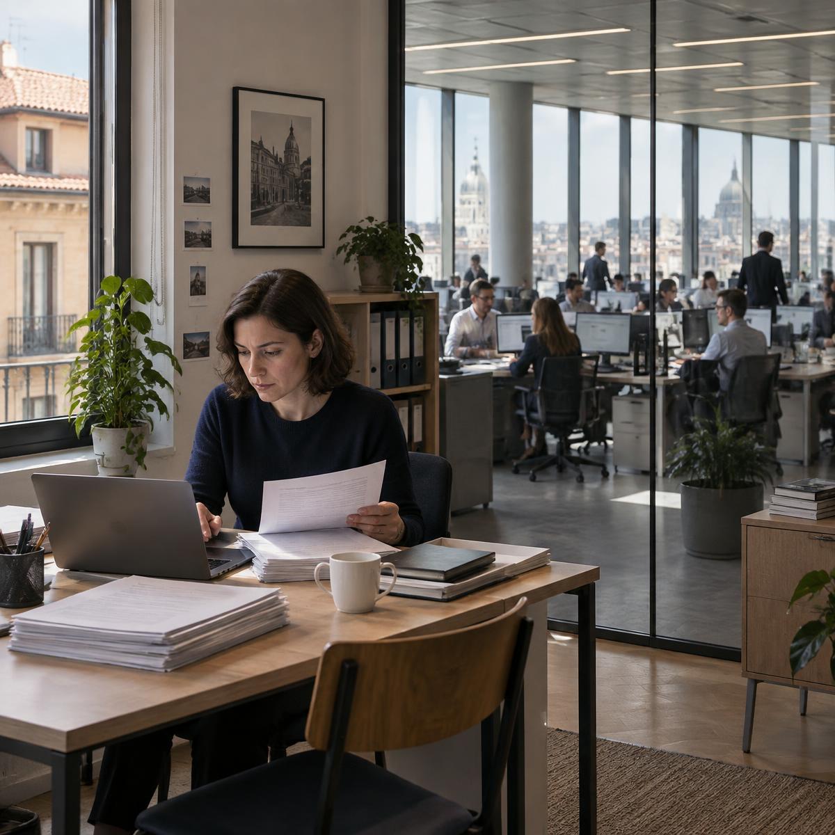 Une professionnelle au travail dans une petite structure, avec un grand bureau en arrière-plan.