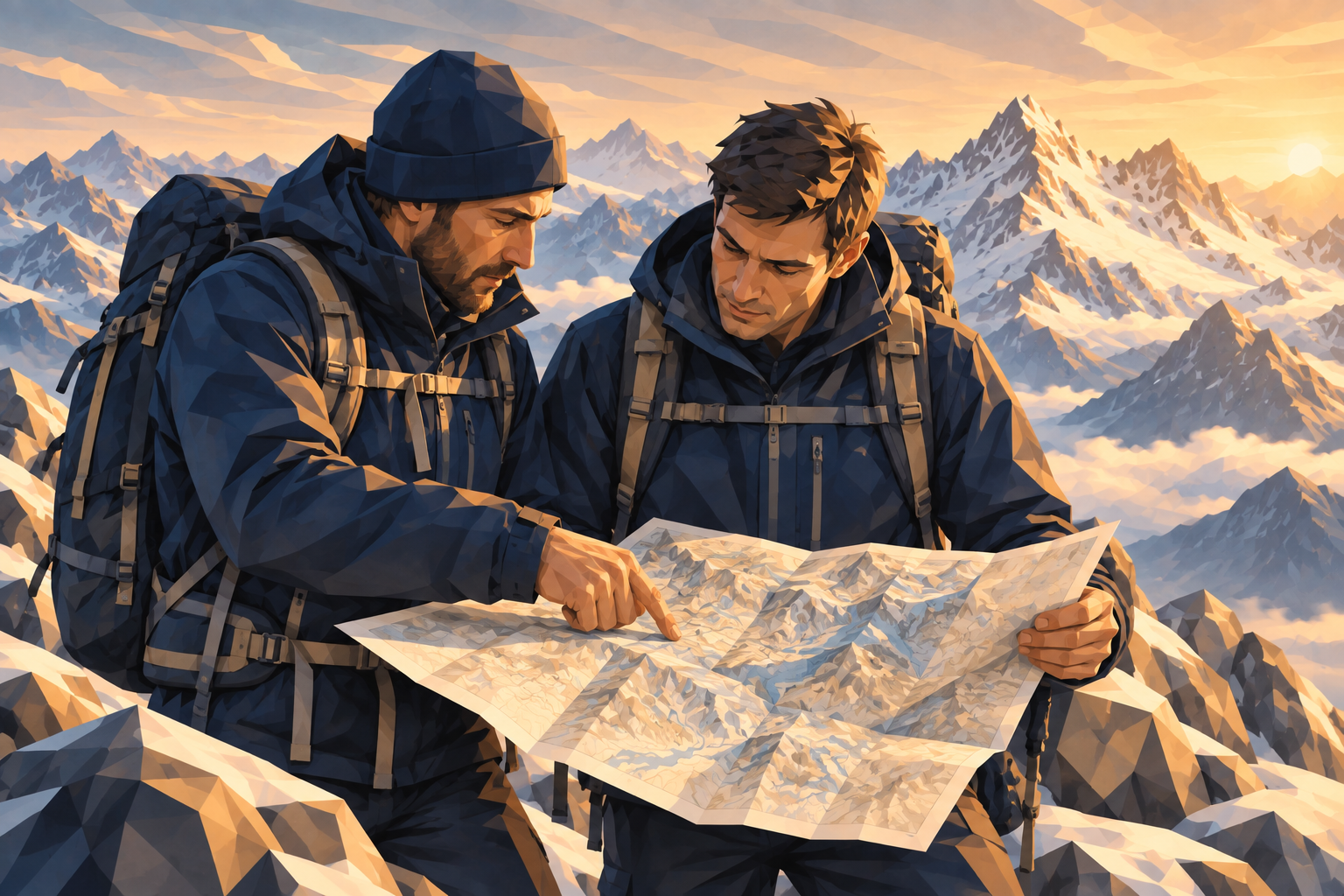 Two people studying a mountain map, conceptual illustration