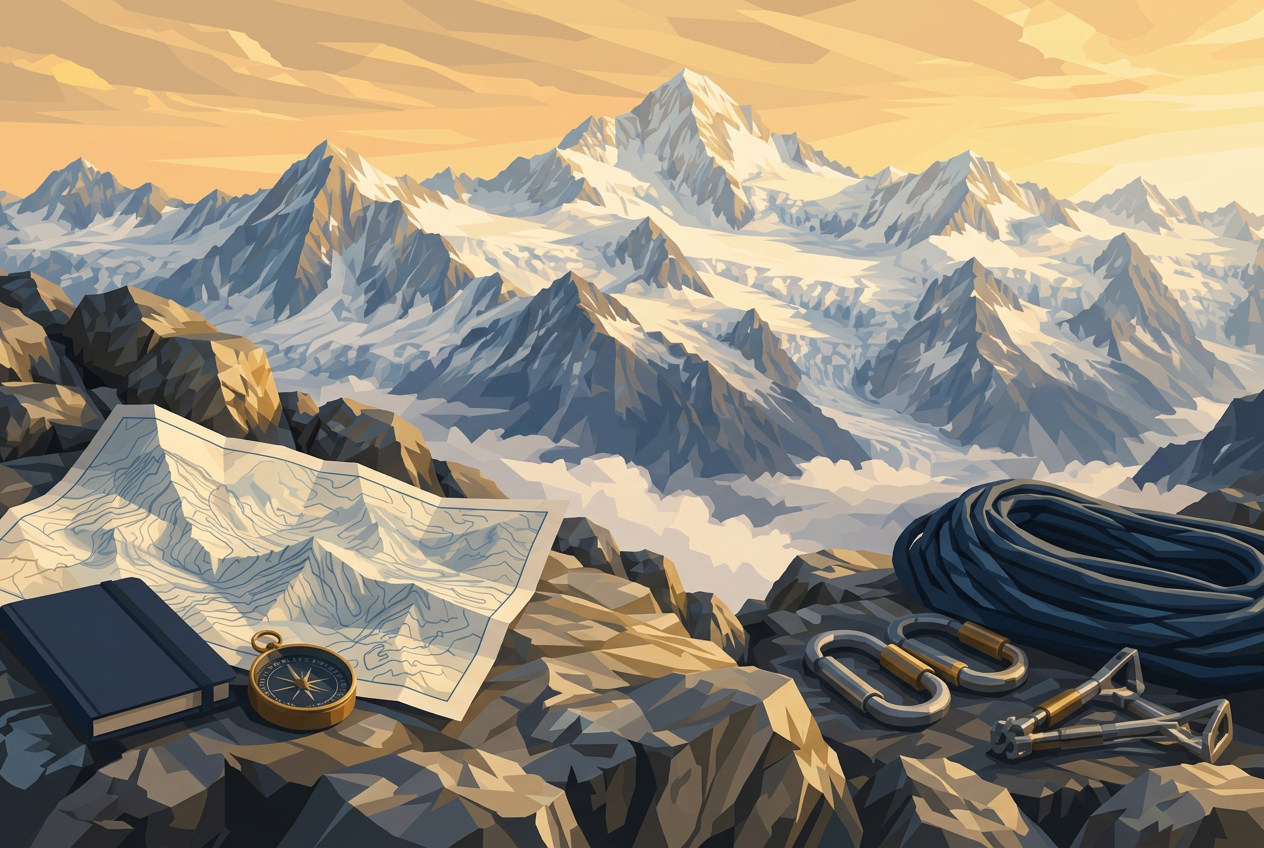 Illustrated alpine ledge with map and compass on one side, rope and carabiners on the other